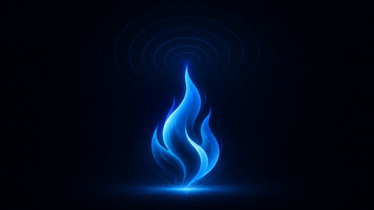 Blaue stilisierte Flamme mit Wellenringen als Symbol fuer Fettverbrennung und Alpha Frequenz